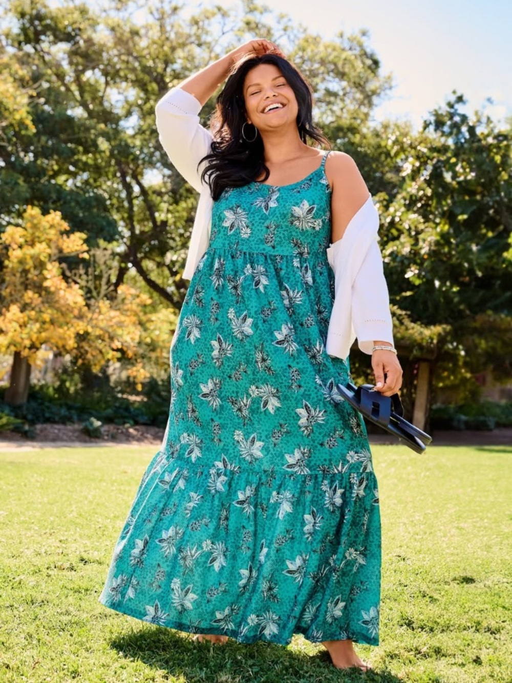 Lane Bryant Teal Floral Maxi Dress with Spaghetti Straps